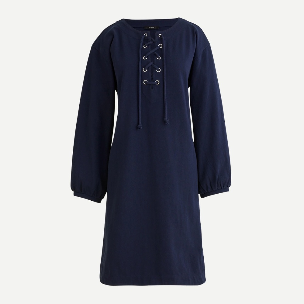 J. Crew Dress Women's SM Navy Blue Lace Up Balloon Sleeve Cotton Preppy NWT